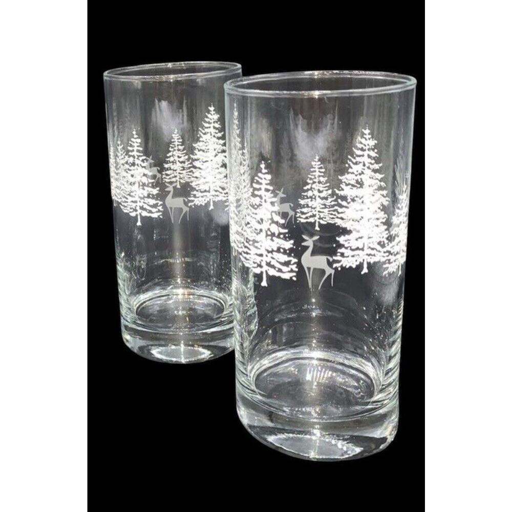 VTG Winter Trees Deer Glasses (2) Winter Holiday Libbey Tumblers Tom Collins NEW